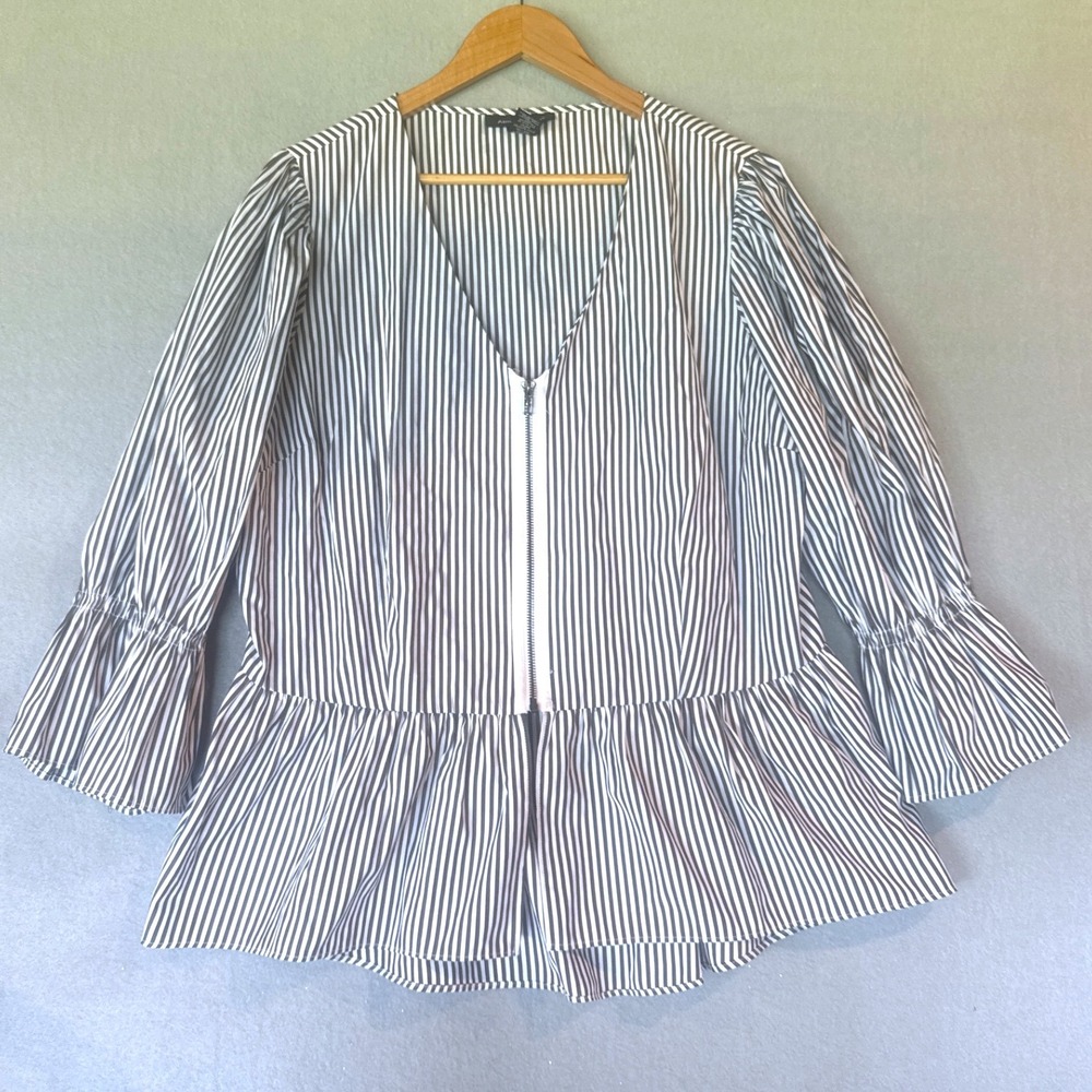 Ashley Stewart Striped Peplum Top Black White Zip‎ Front Puff Sleeve Blouse 14